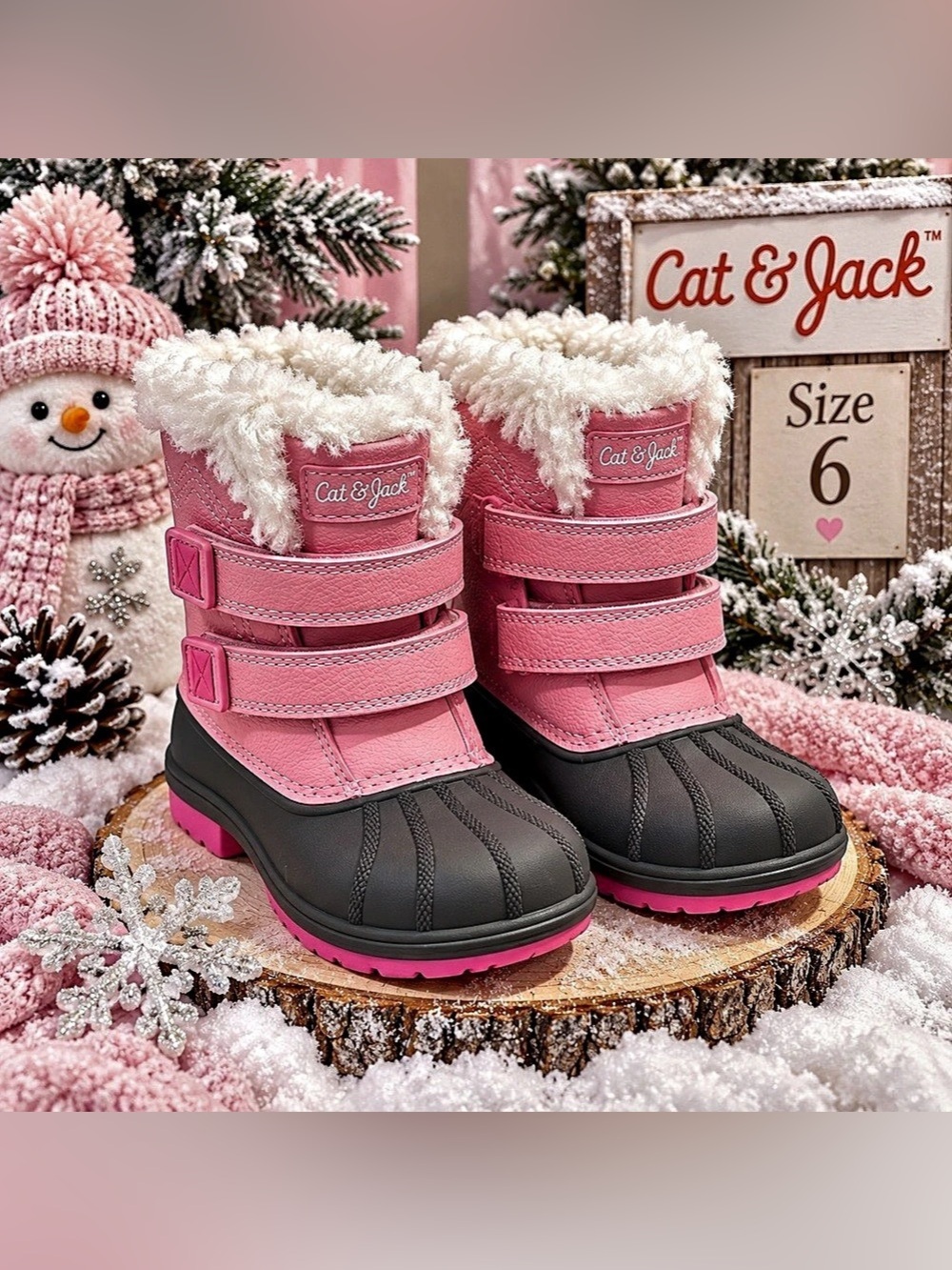 Cat & Jack Girls Pink Waterproof Snow Winter Boots Faux Fur NWT Size 6